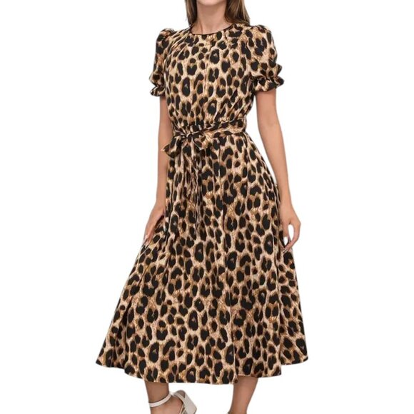 Leopard Lace-up Round Neck Puff A-line Dress - Picture 5 of 5